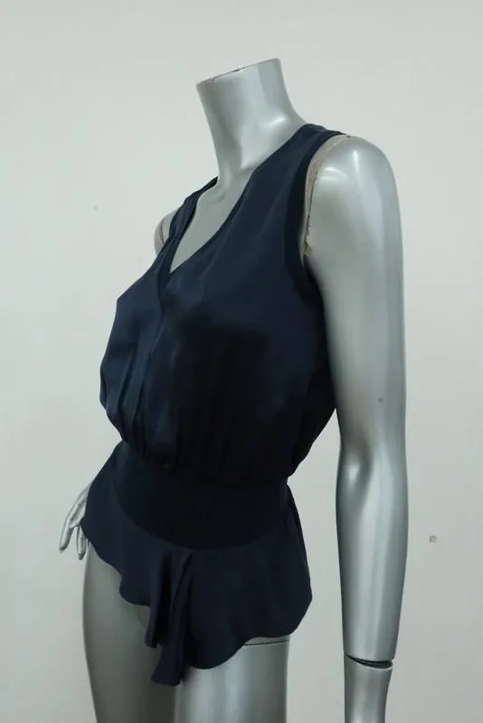 Yves Saint Laurent Blouson Top Navy Silk Size 34 Sleeveless V-Neck Blouse