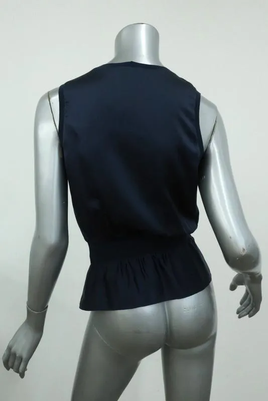 Yves Saint Laurent Blouson Top Navy Silk Size 34 Sleeveless V-Neck Blouse