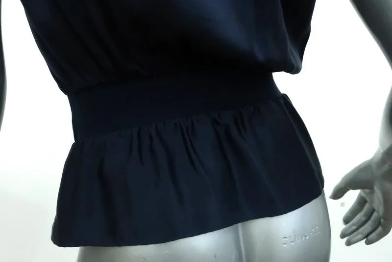 Yves Saint Laurent Blouson Top Navy Silk Size 34 Sleeveless V-Neck Blouse