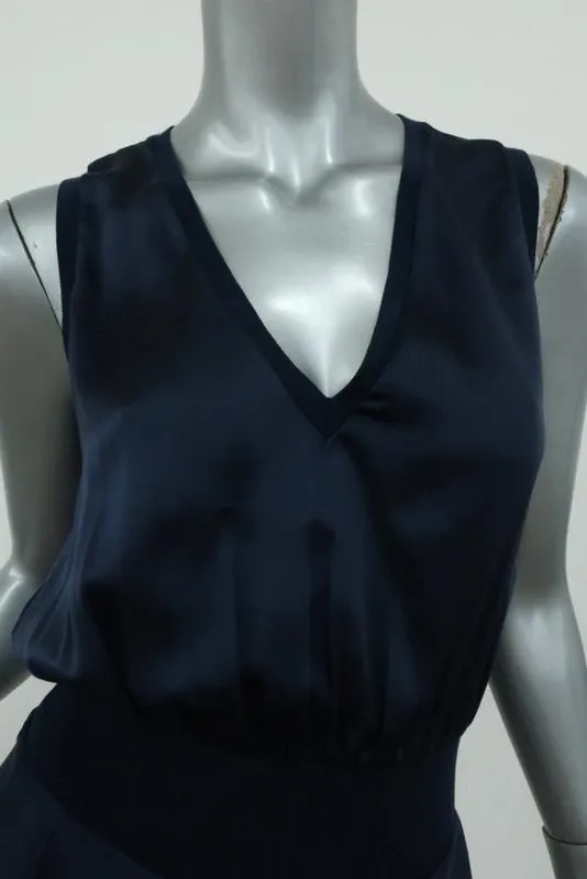 Yves Saint Laurent Blouson Top Navy Silk Size 34 Sleeveless V-Neck Blouse