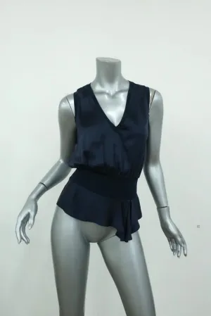 Yves Saint Laurent Blouson Top Navy Silk Size 34 Sleeveless V-Neck Blouse