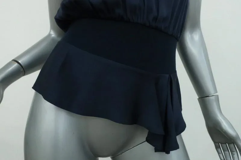 Yves Saint Laurent Blouson Top Navy Silk Size 34 Sleeveless V-Neck Blouse