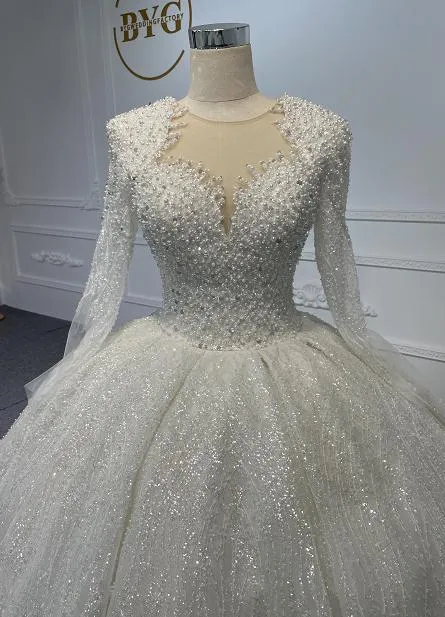 Z053 HEAVY BEADING LONG SLEEVE BALLGROWN WITH SHOULDER PAD DESIGN